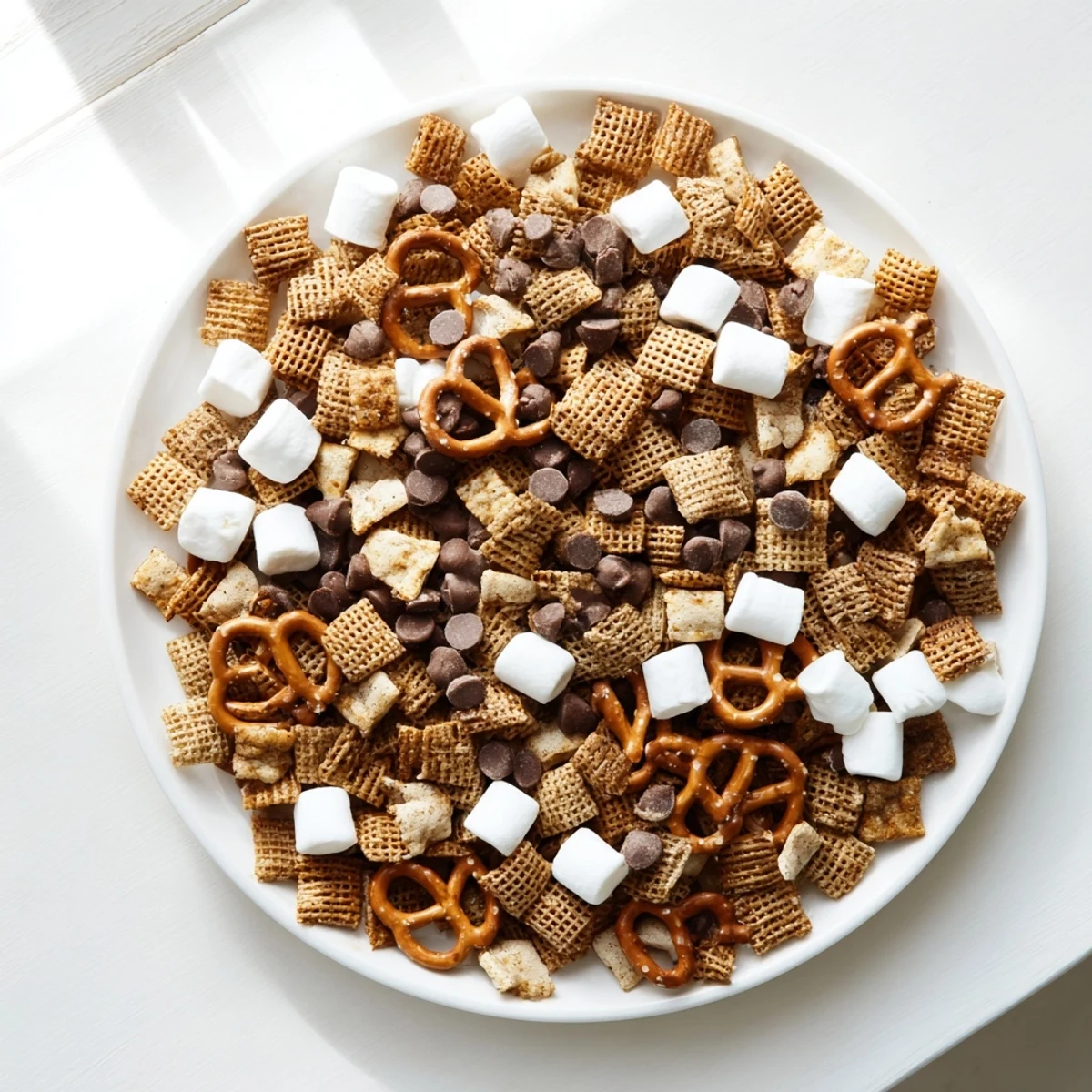 Sweet and salty s'mores snack mix recipe featuring chocolate chips, mini marshmallows, and crispy graham cereal in a bowl