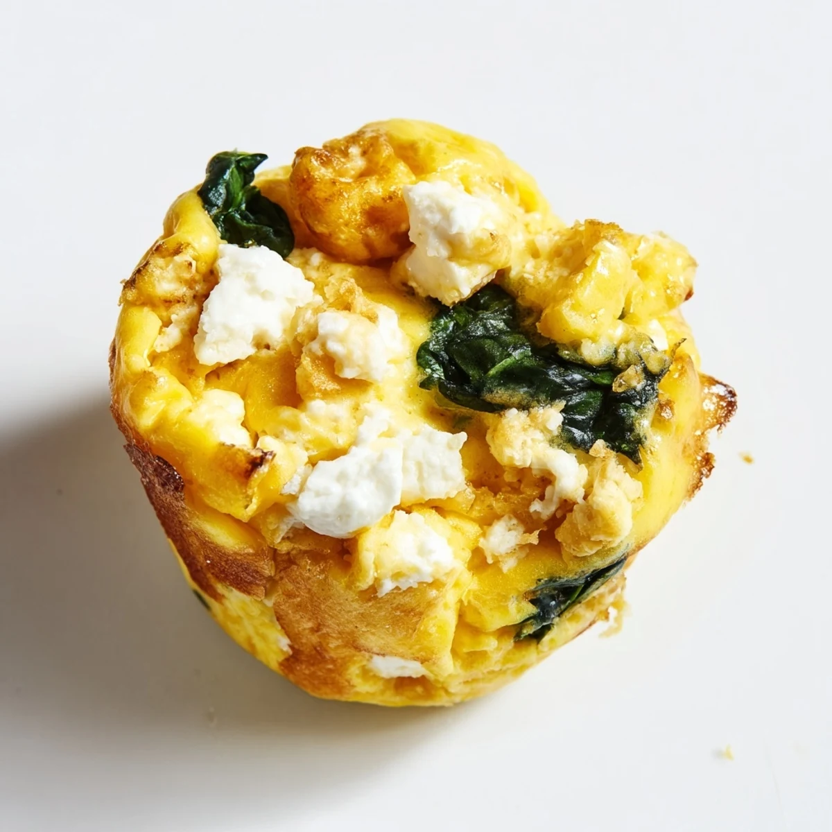 Fluffy egg muffins featuring fresh spinach and crumbled feta on white plate