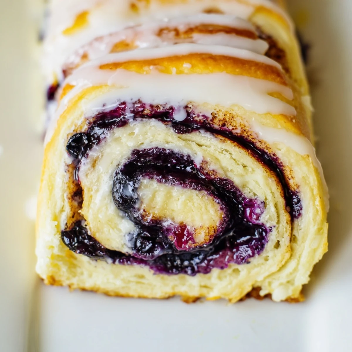 Golden lemon blueberry rolls drizzled with zesty glaze on a serving platter