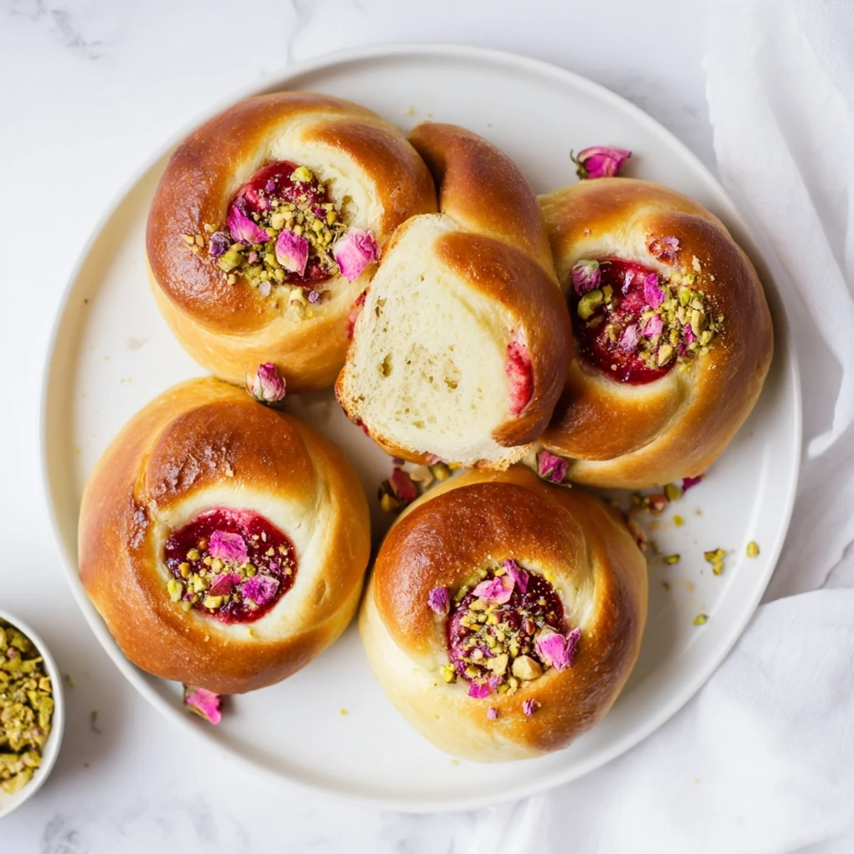 Golden raspberry and rose cheesecake buns with vibrant red compote centers
