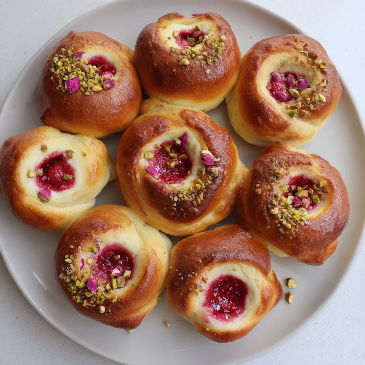Fluffy sweet buns filled with creamy rose cheesecake and tart raspberry swirls