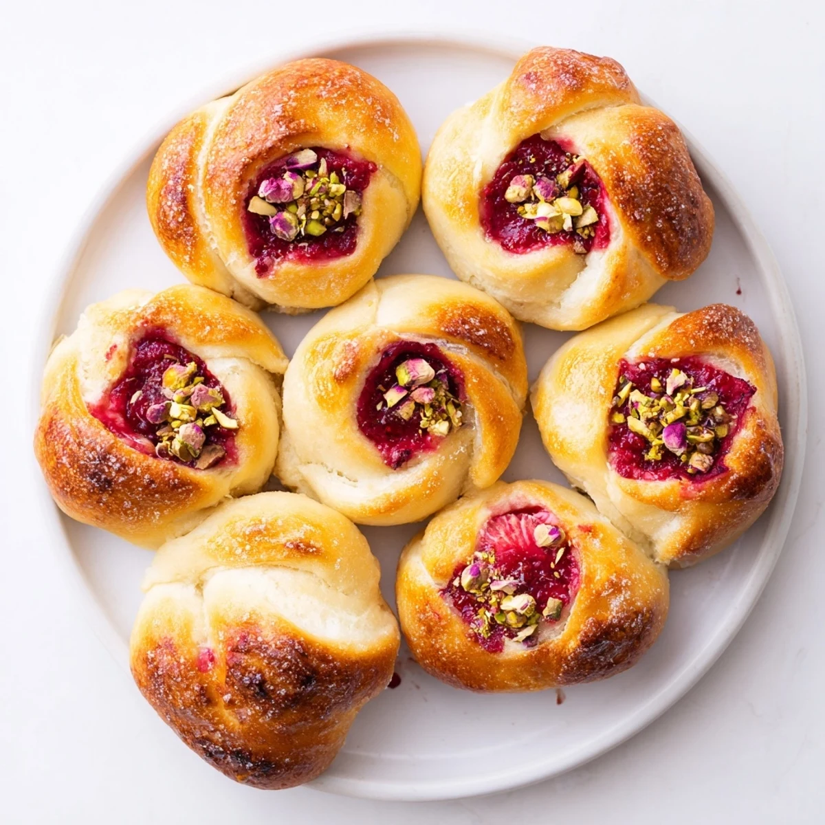 Soft pillowy raspberry rose cheesecake buns sprinkled with demerara sugar