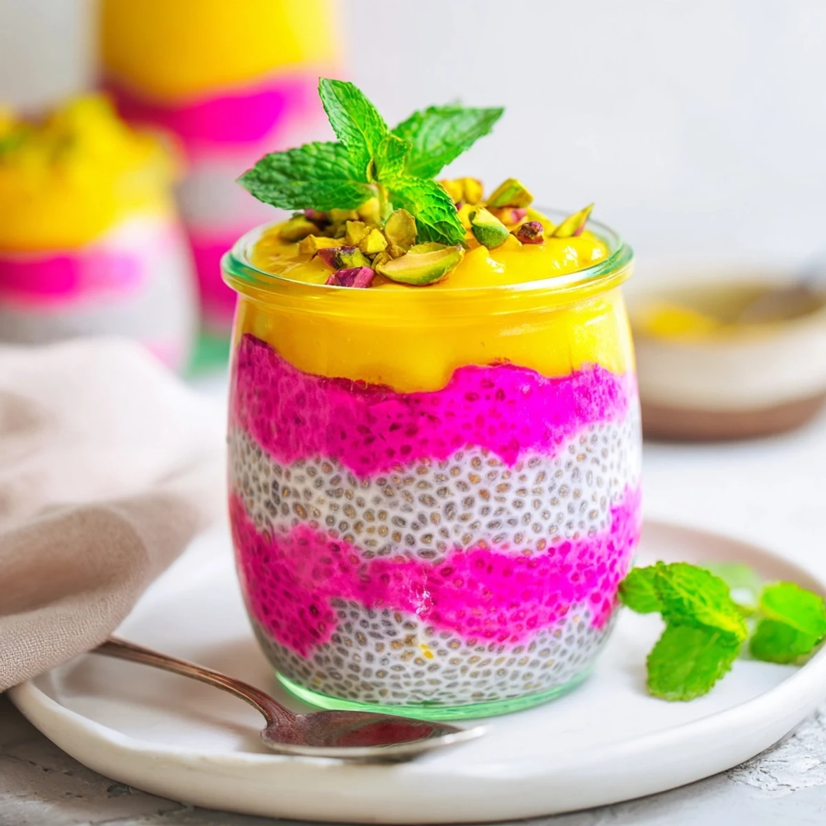 Creamy coconut chia pudding topped with vibrant tropical mango and pink dragon fruit layers