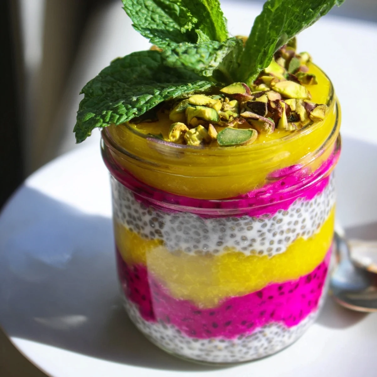 Colorful mango and dragon fruit chia pudding layered in clear glass jars with mint garnish