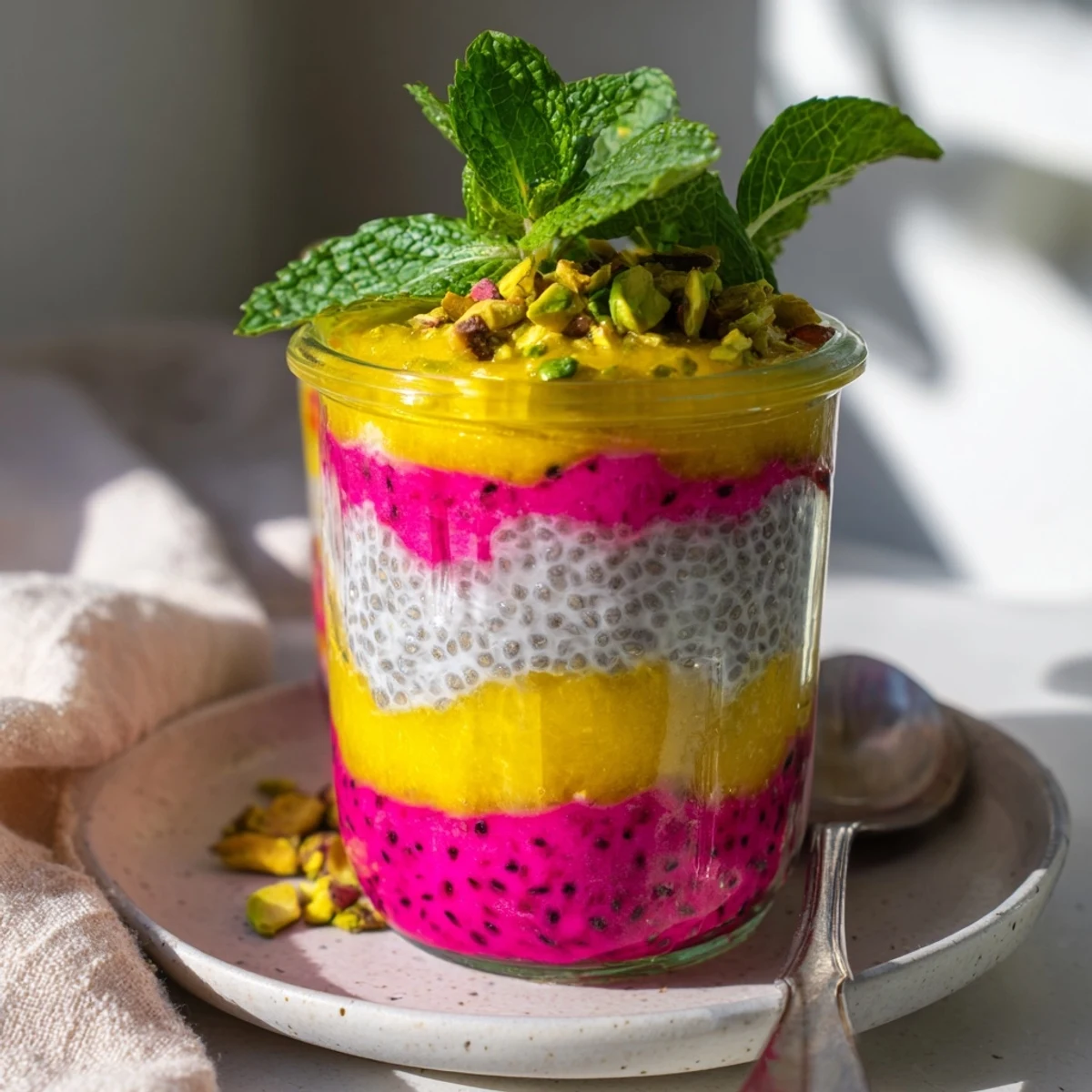Tropical layered chia pudding featuring sweet mango puree and stunning dragon fruit in glasses