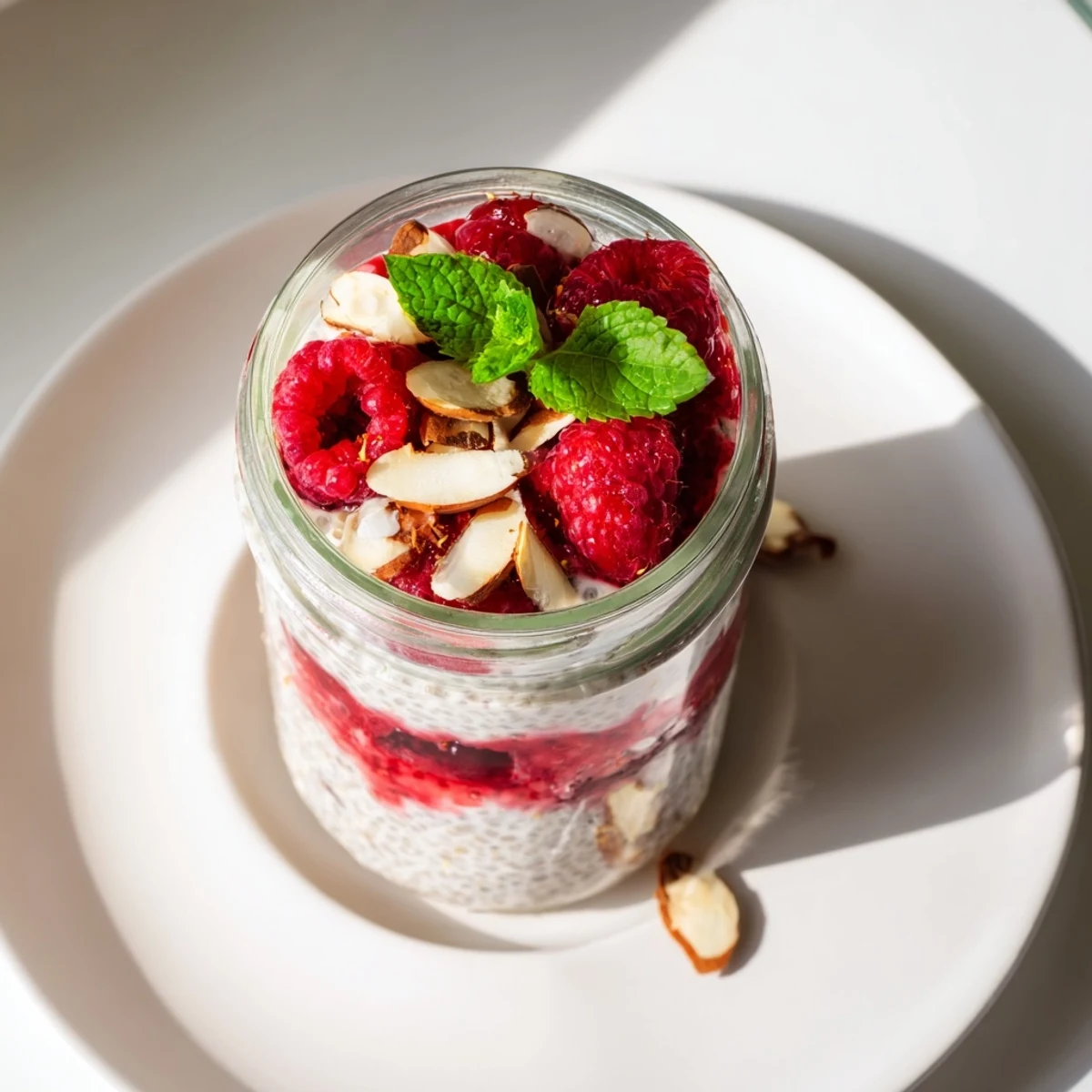 Creamy raspberry chia pudding sweetened with maple syrup layered in glass jars with fresh berry topping