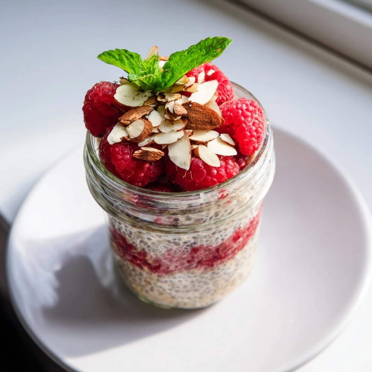 Overnight raspberry chia pudding sweetened naturally with maple syrup topped with fresh raspberries and almonds