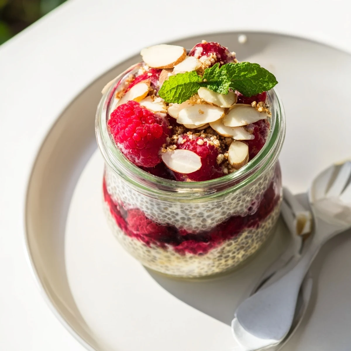 Vegan raspberry chia pudding with maple syrup featuring swirls of mashed raspberries and mint garnish