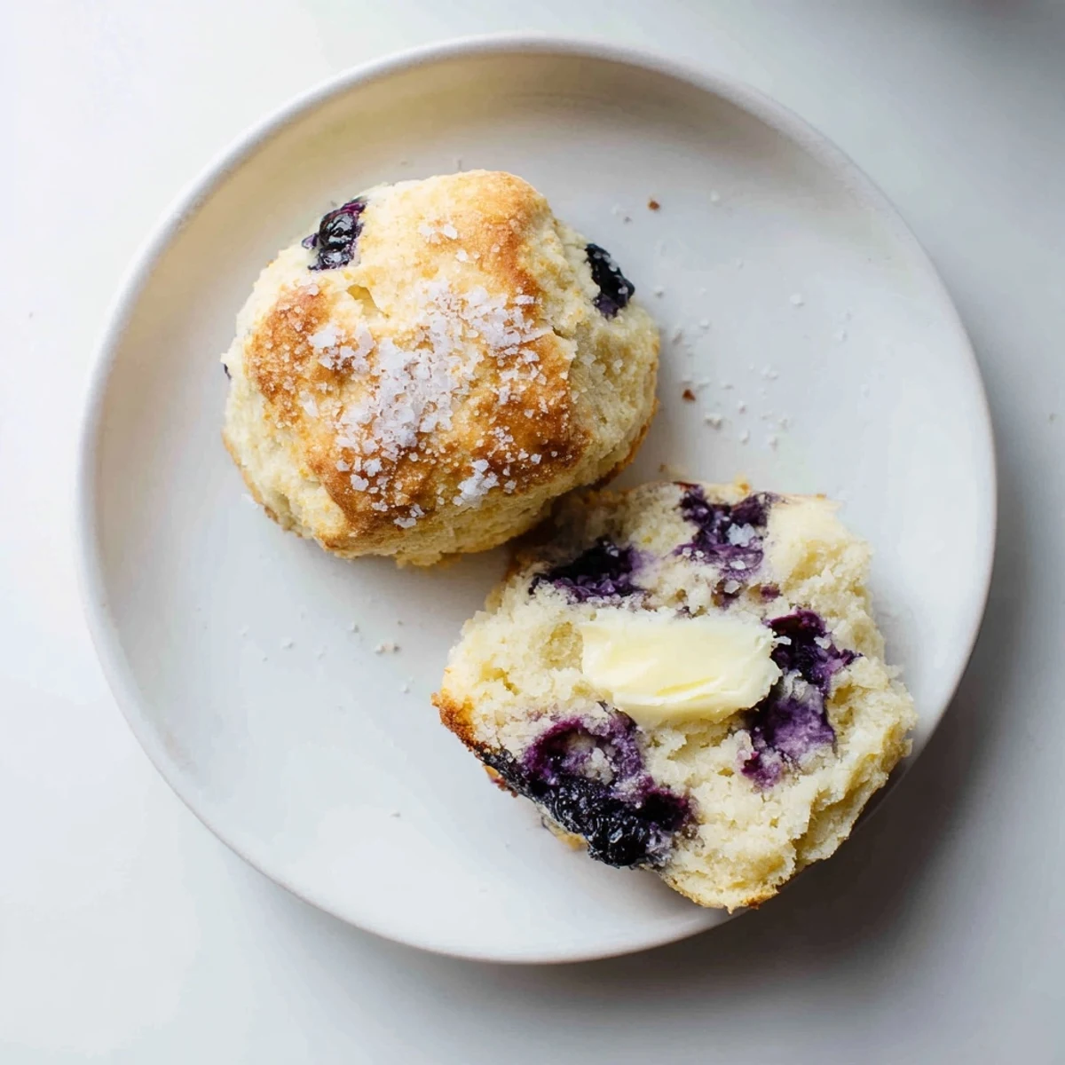 Golden homemade blueberry biscuits topped with coarse sugar on a wire cooling rack