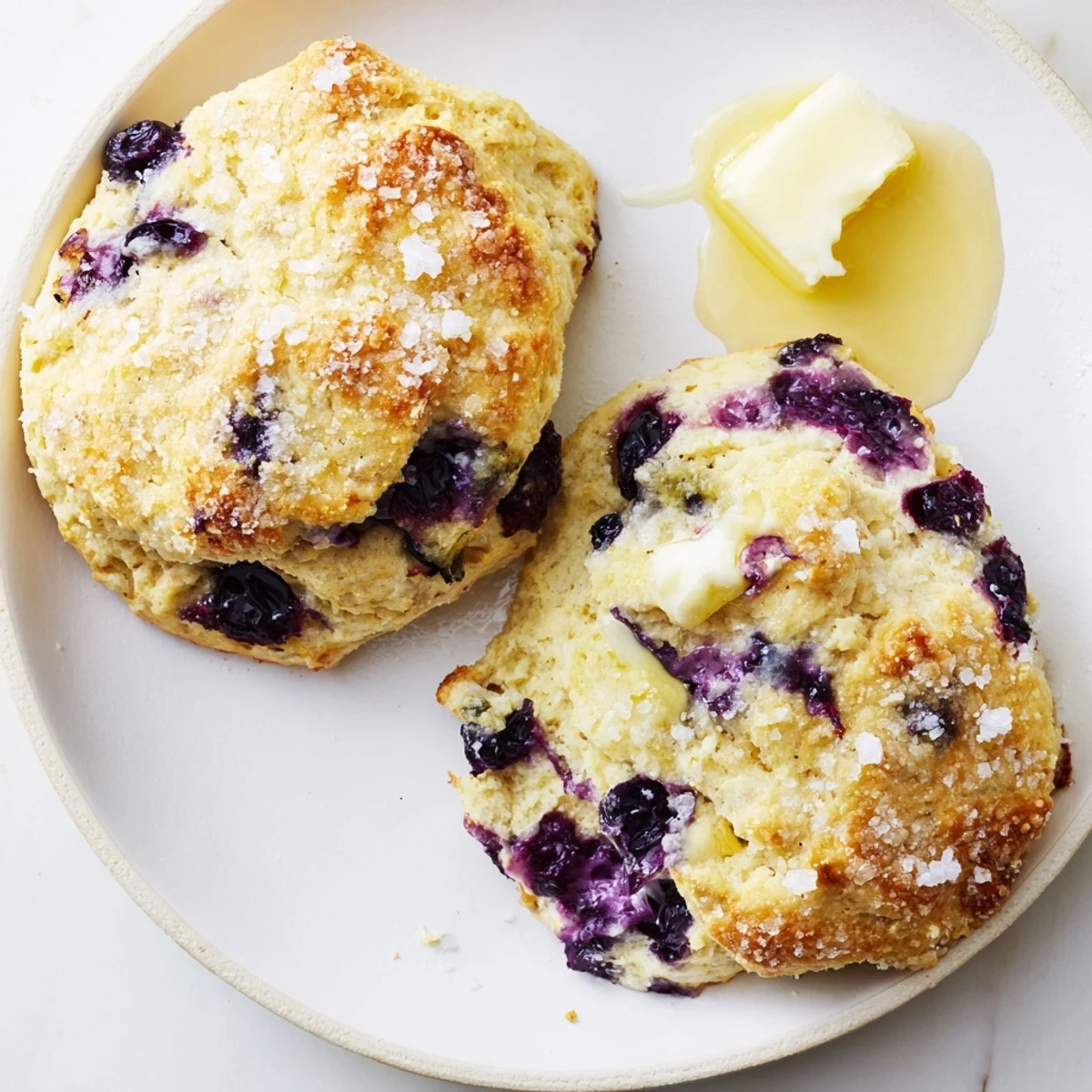 Freshly baked blueberry biscuits with juicy berries visible in tender golden layers