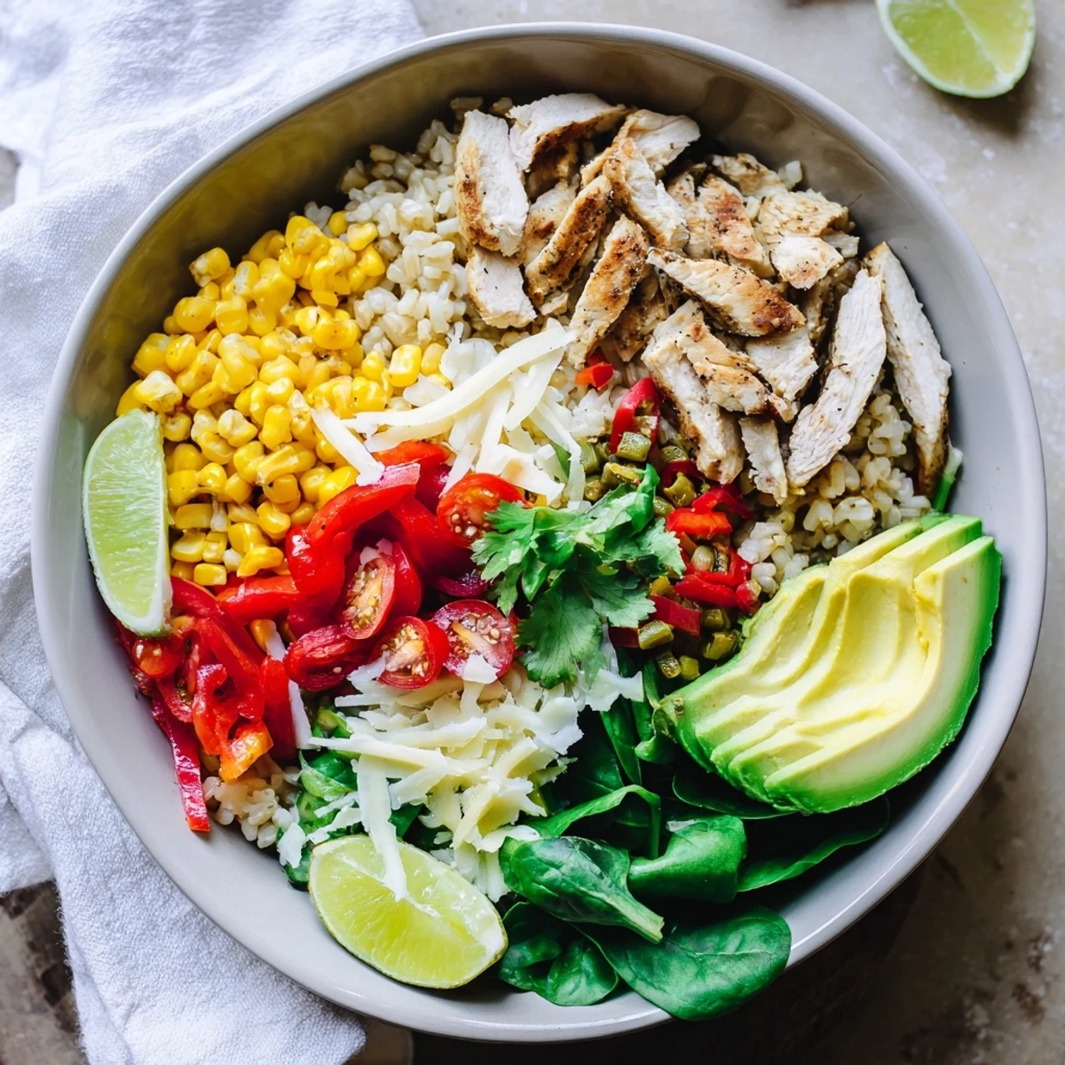 Colorful Southwest Spice Green Chile Bowl topped with avocado, cilantro, shredded chicken, and melted Monterey Jack cheese over brown rice