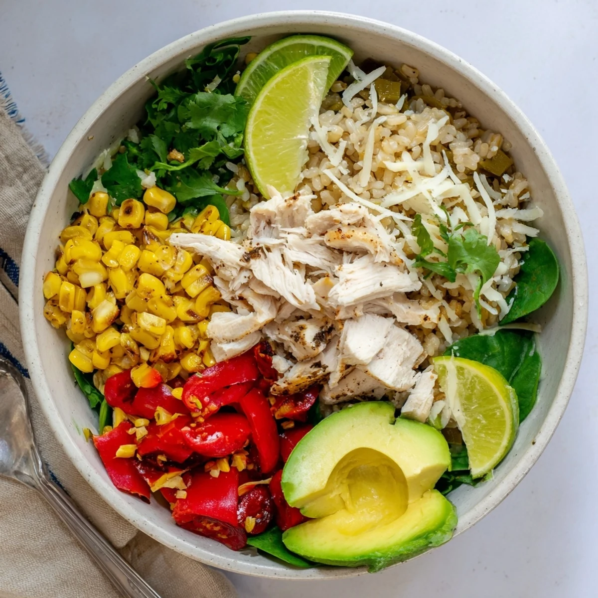 Hearty Southwest Spice Green Chile Bowl featuring seasoned chicken, roasted green chiles, corn, and vibrant vegetables in a deep serving dish