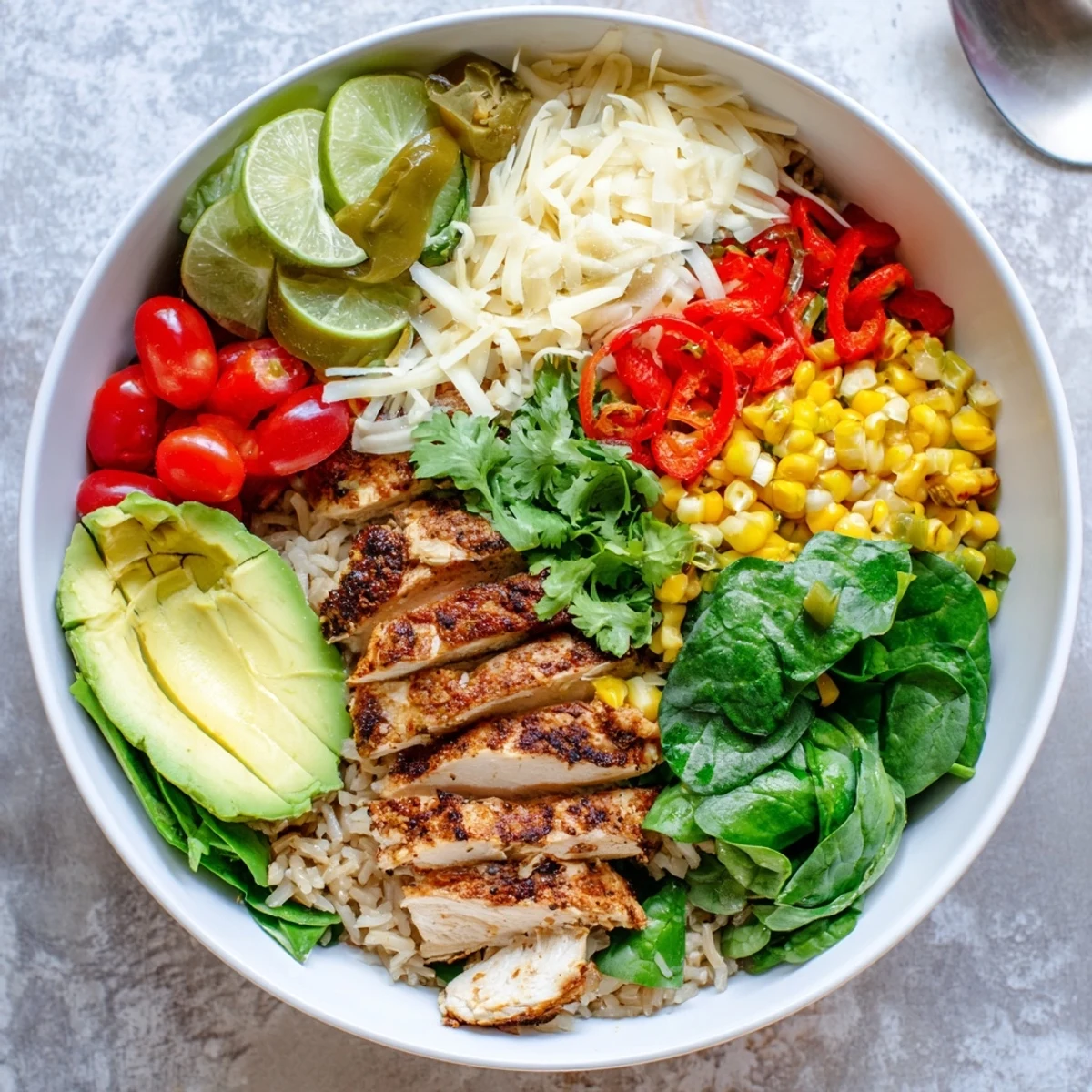 Savory Southwest Spice Green Chile Bowl arranged with lime wedges, fresh spinach, diced bell peppers, and tender spiced chicken