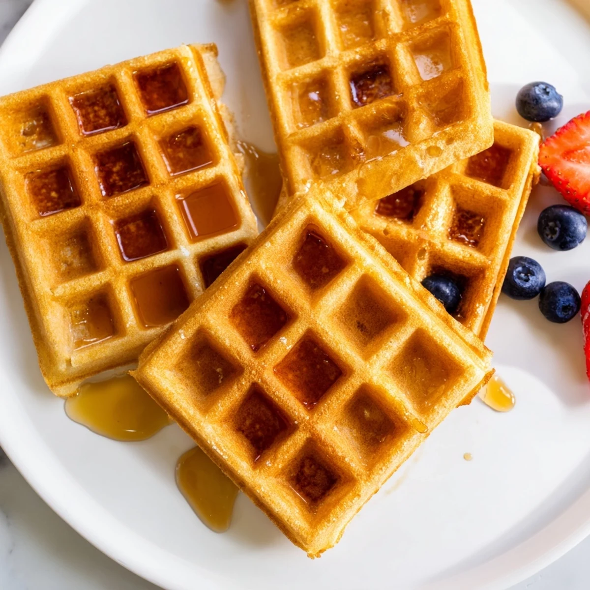Golden brown Greek yogurt waffles stacked high with fresh berries and maple syrup
