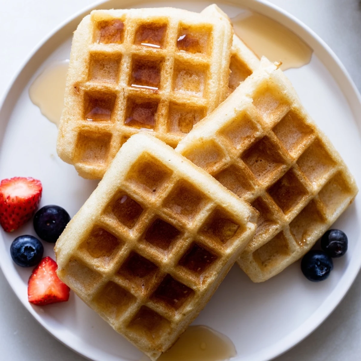 Crisp Greek yogurt waffles topped with creamy yogurt and drizzled honey on white plate