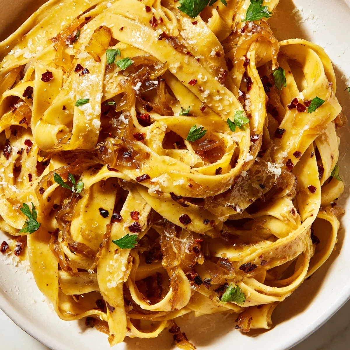 Creamy Sweet Heat Caramelized Onion Fettuccine tossed with golden onions and fresh parsley garnish