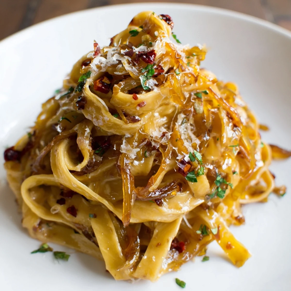 Sweet Heat Caramelized Onion Fettuccine in silky cream sauce topped with grated Parmesan cheese