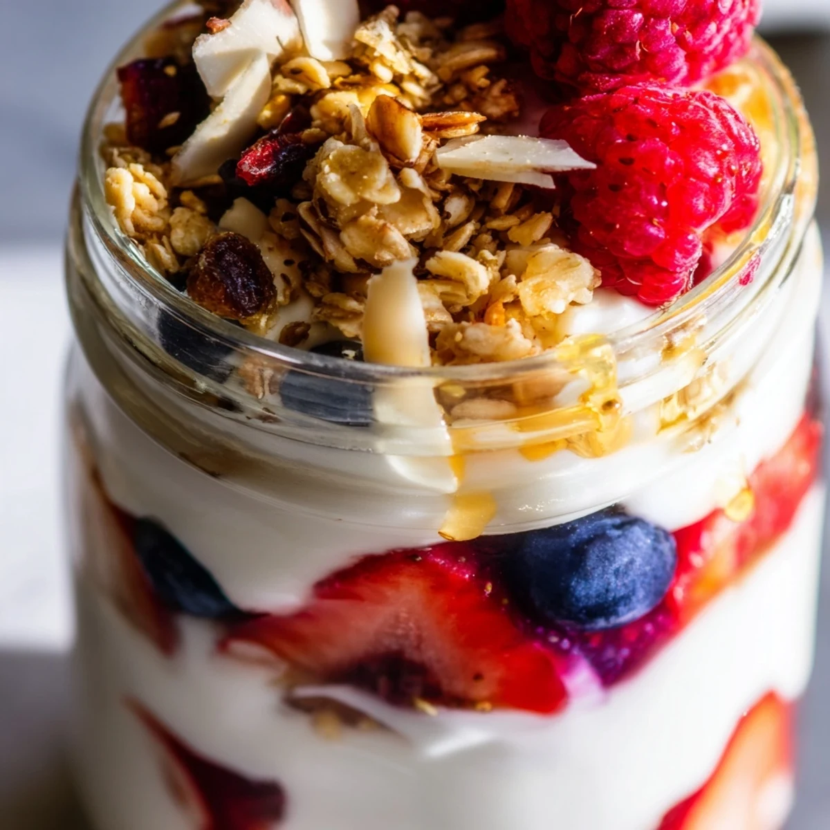 Creamy Greek yogurt parfait layered with fresh berries and crunchy granola in a glass