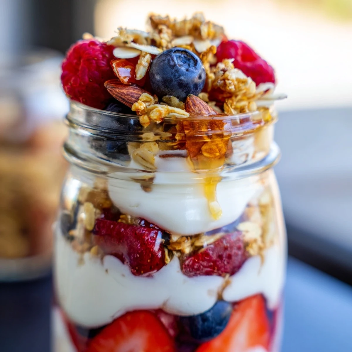 Greek yogurt parfait topped with vibrant mixed berries and golden honey drizzle