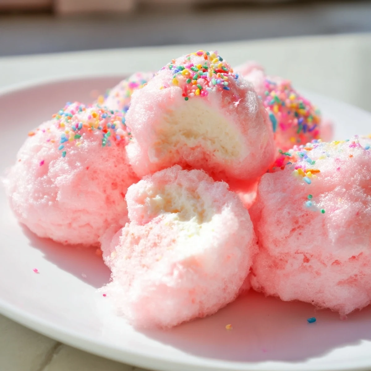 Mini cotton candy cheesecake puff balls with fluffy pastel coating on white platter