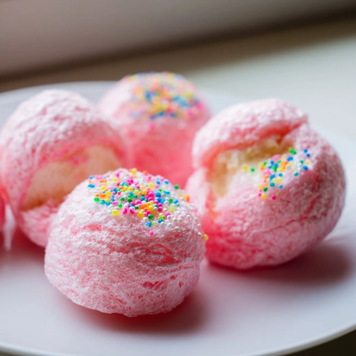 Creamy mini cotton candy cheesecake puff balls dusted with shimmering edible glitter
