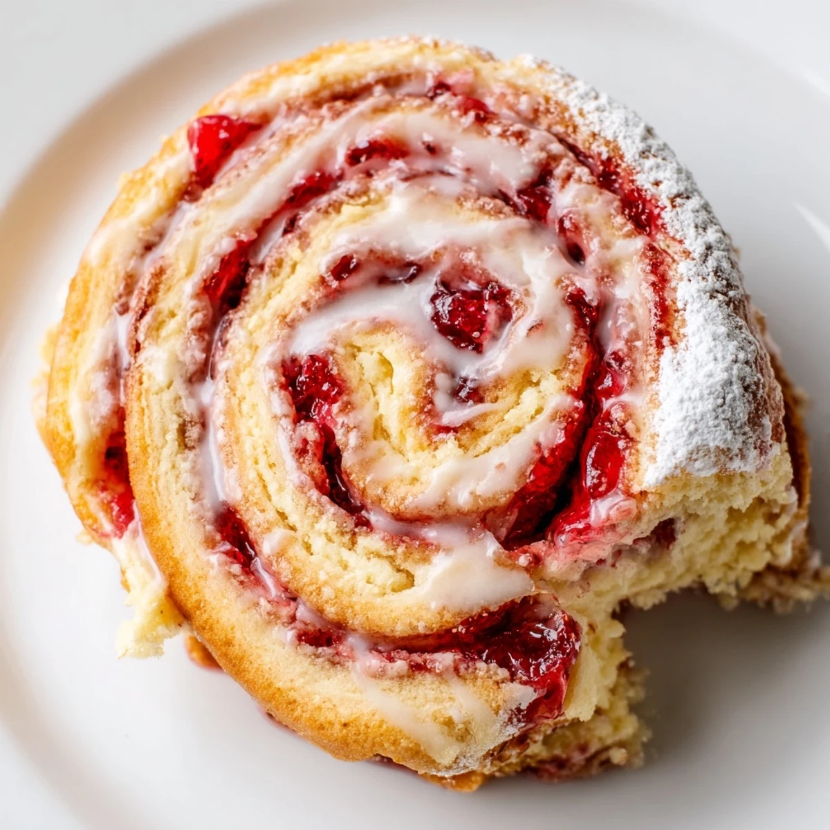 Golden strawberry shortcake cheesecake rolls drizzled with sweet vanilla glaze on a white plate