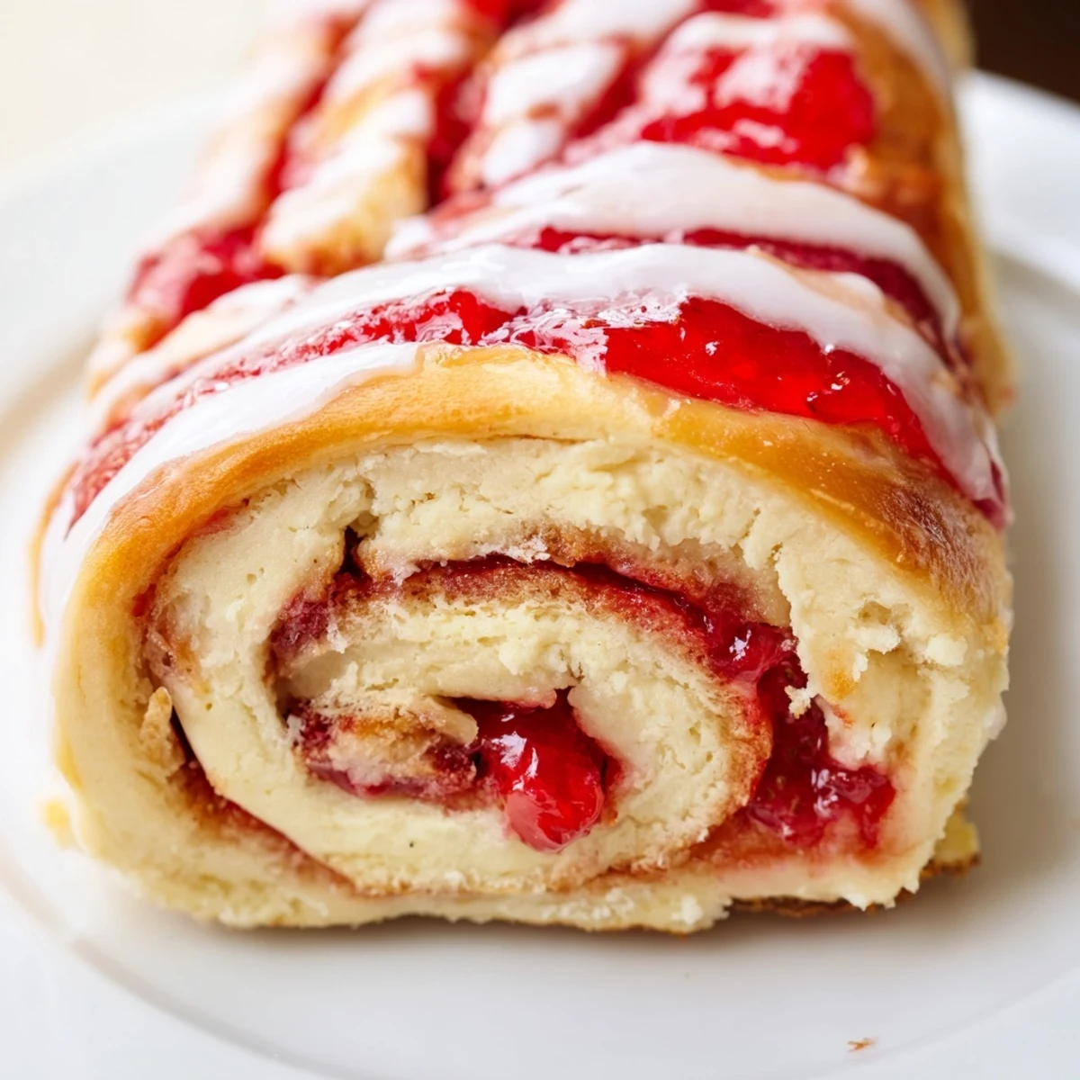 Soft baked rolls spiraled with creamy cheesecake filling and bright red fresh strawberry chunks