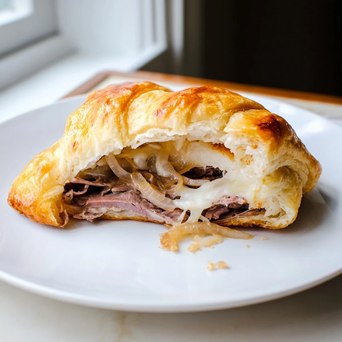 Golden beef and cheese French dip roll ups served with savory au jus dipping sauce