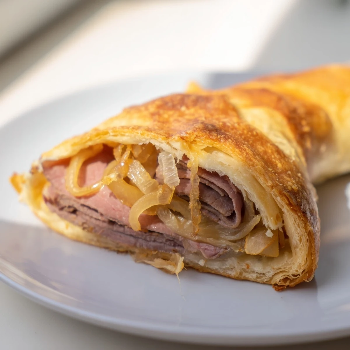Crescent-wrapped beef and cheese French dip roll ups with melty provolone and onions