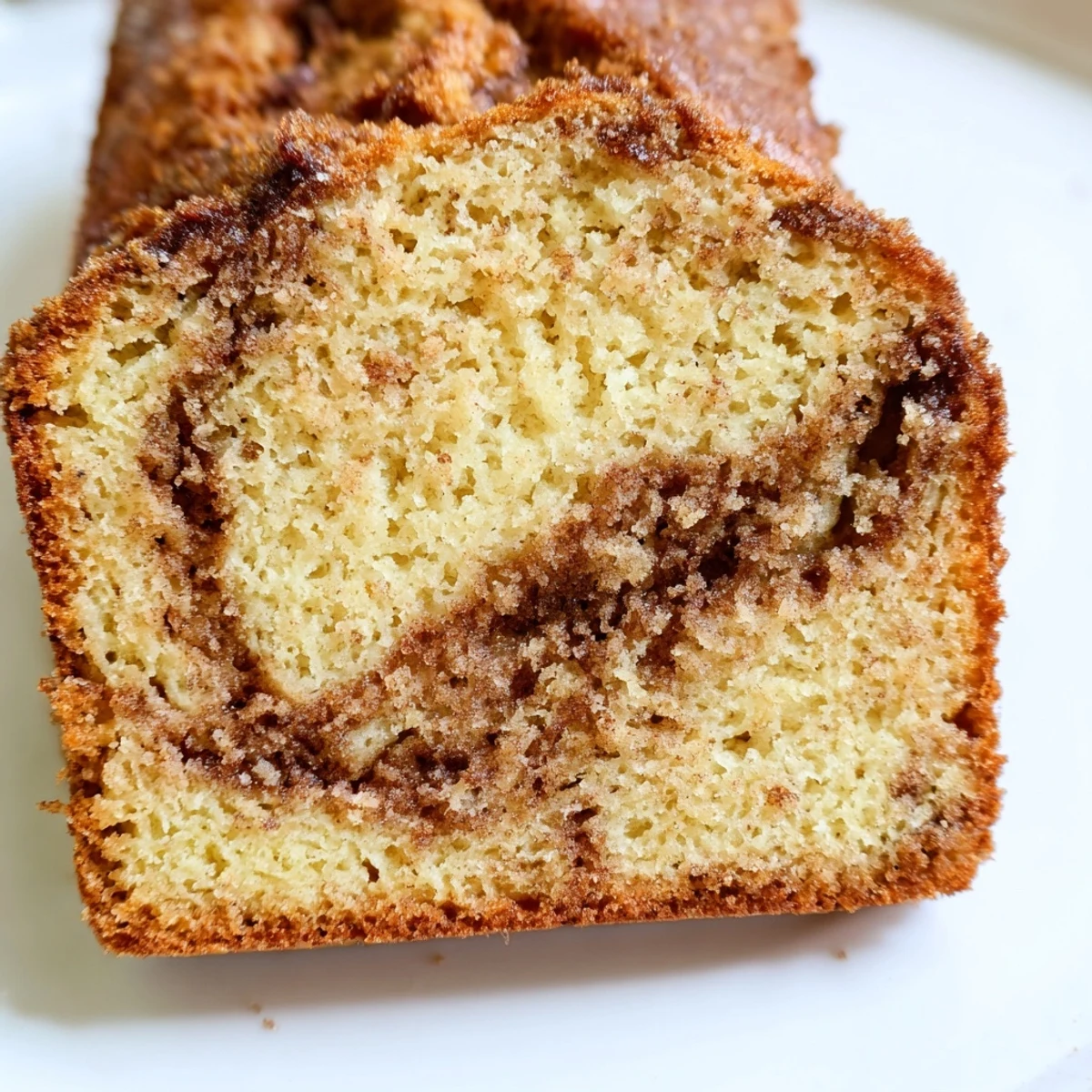 Golden slice of cinnamon sugar swirl banana bread with warm spiced marbled layers throughout