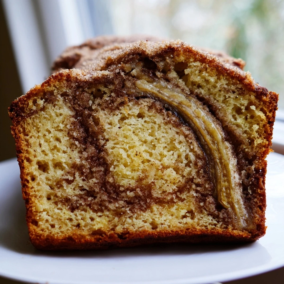 Moist cinnamon sugar swirl banana bread topped with sparkling cinnamon crumb on rustic board