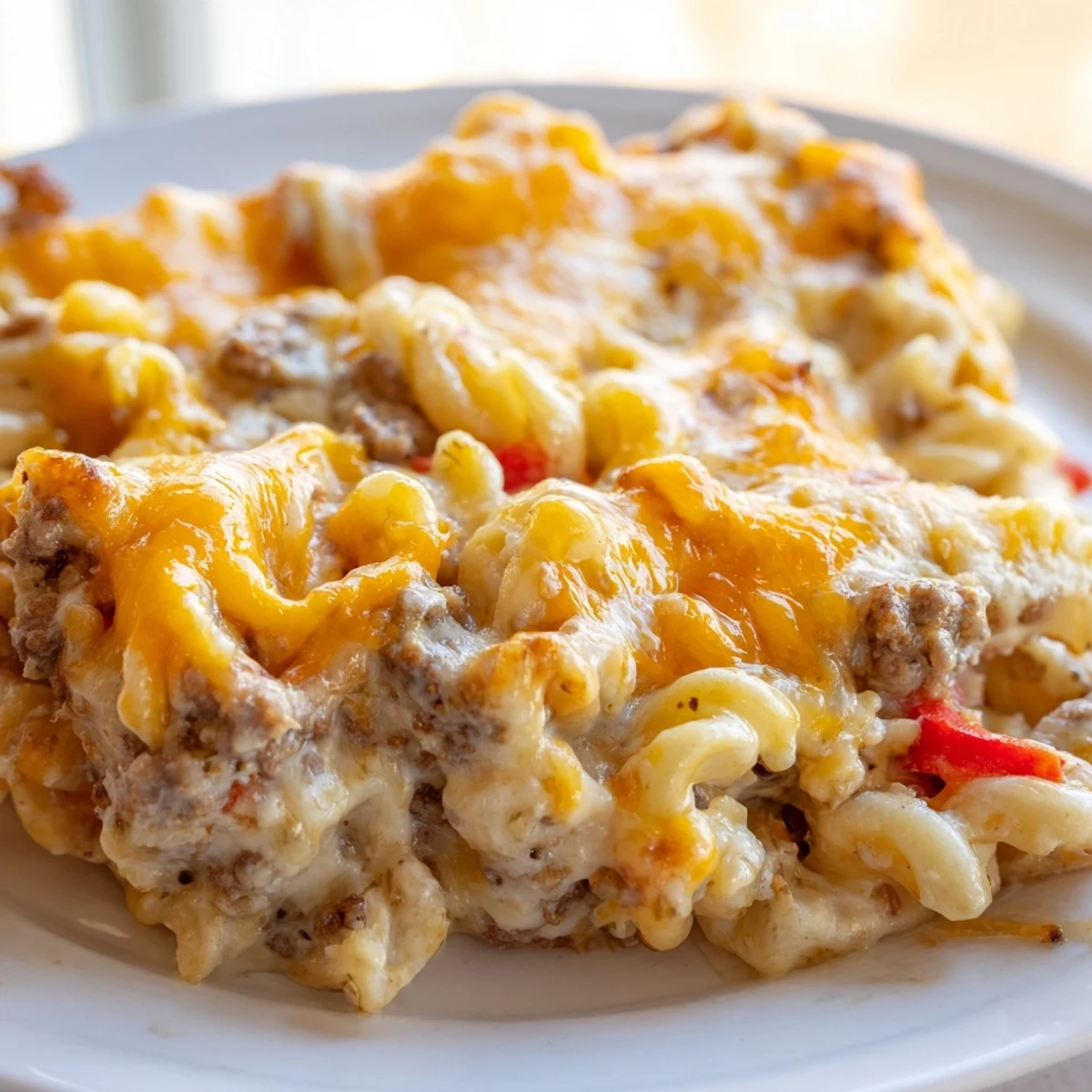 Golden bubbly Cheesy Beef and Noodle Casserole with melted cheddar topping fresh from the oven