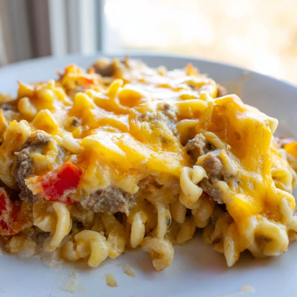 Creamy Cheesy Beef and Noodle Casserole served in a white ceramic dish with golden crust
