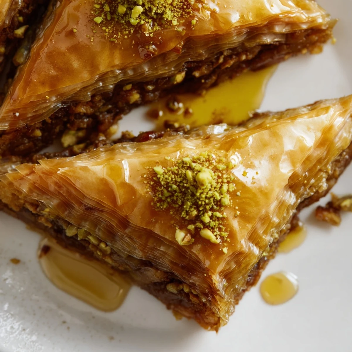 Golden Bosnian baklava diamonds glistening with sweet syrup on a rustic serving plate
