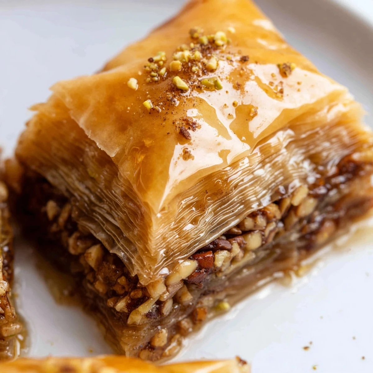 Crisp layered Bosnian baklava cut into pieces with spiced walnut filling visible inside