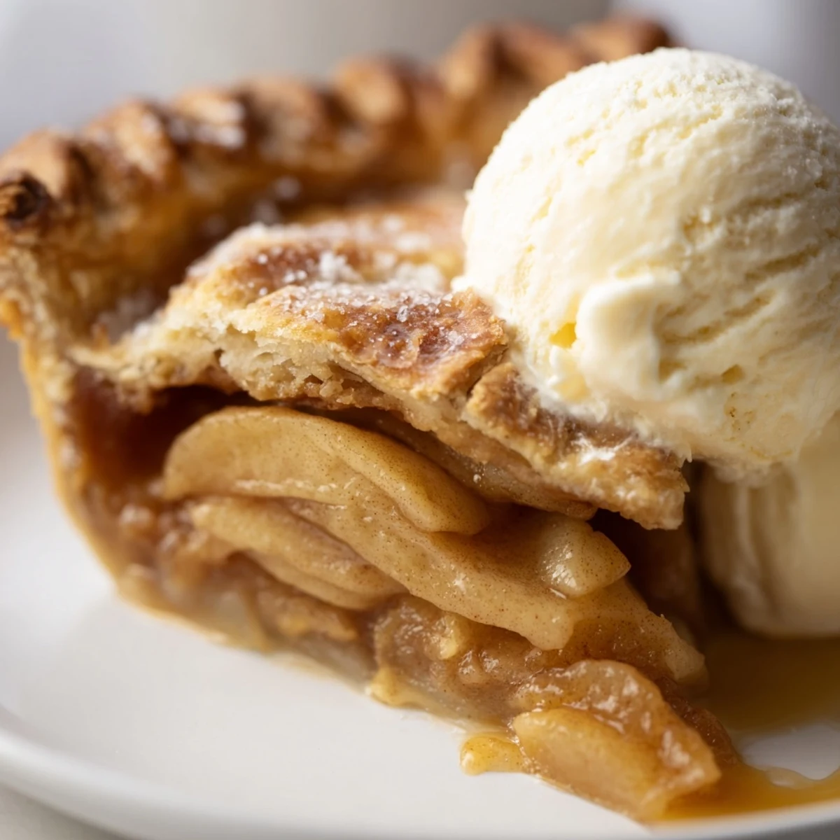 Classic apple pie slice topped with vanilla ice cream on rustic plate