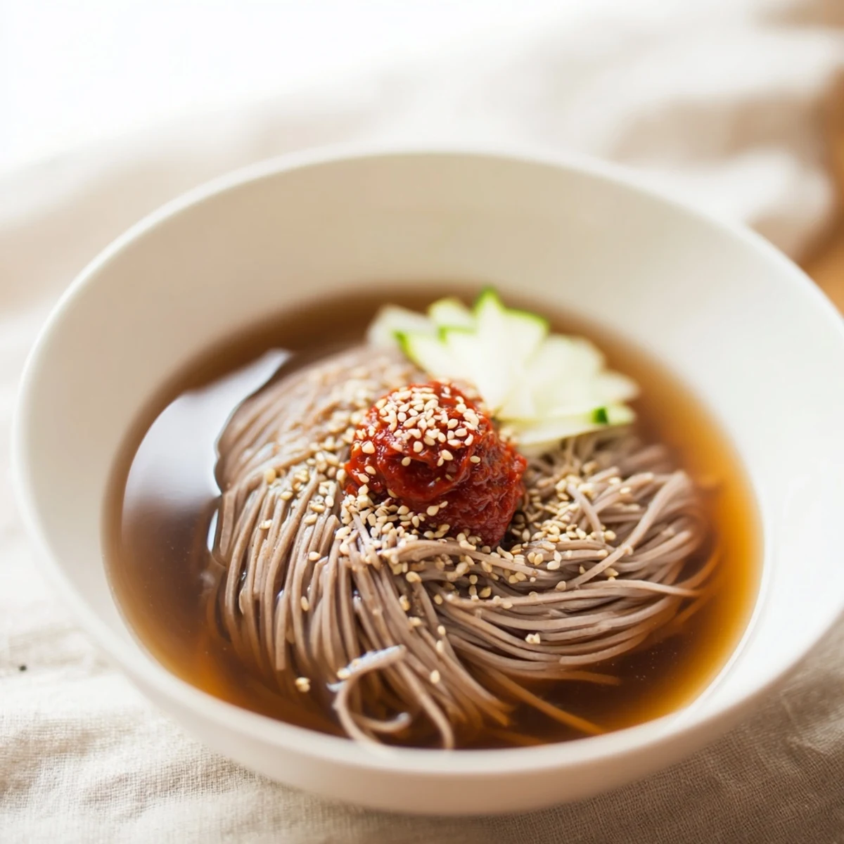 Chewy Korean naengmyeon noodles in chilled tangy broth topped with sliced beef and egg