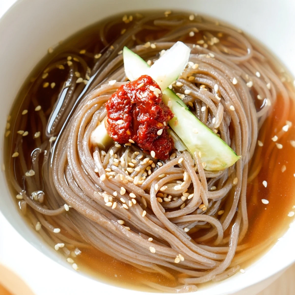 Cold Korean naengmyeon served in an icy savory broth with crisp cucumber garnish