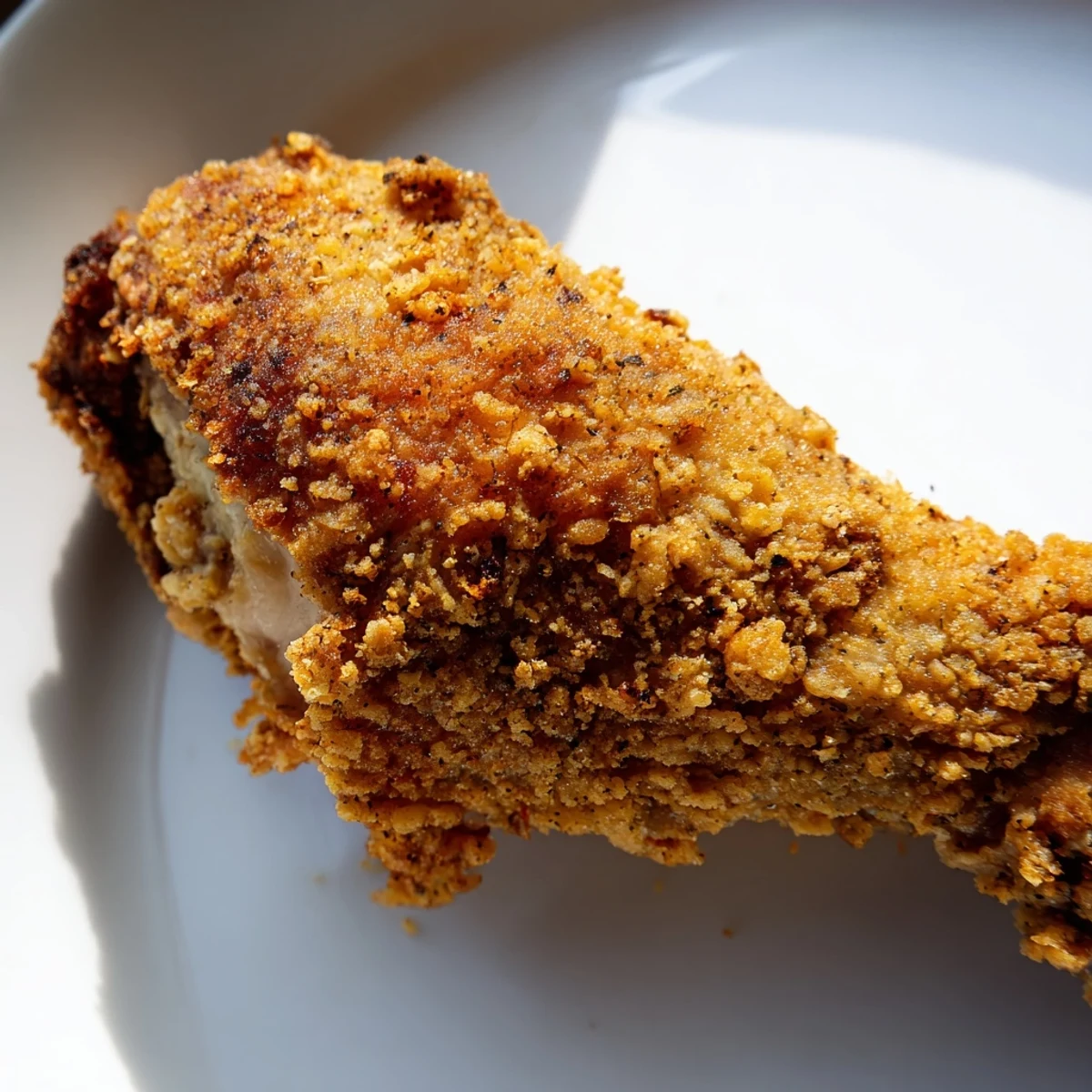 Crispy golden fried chicken with crunchy coating served on a rustic wooden board