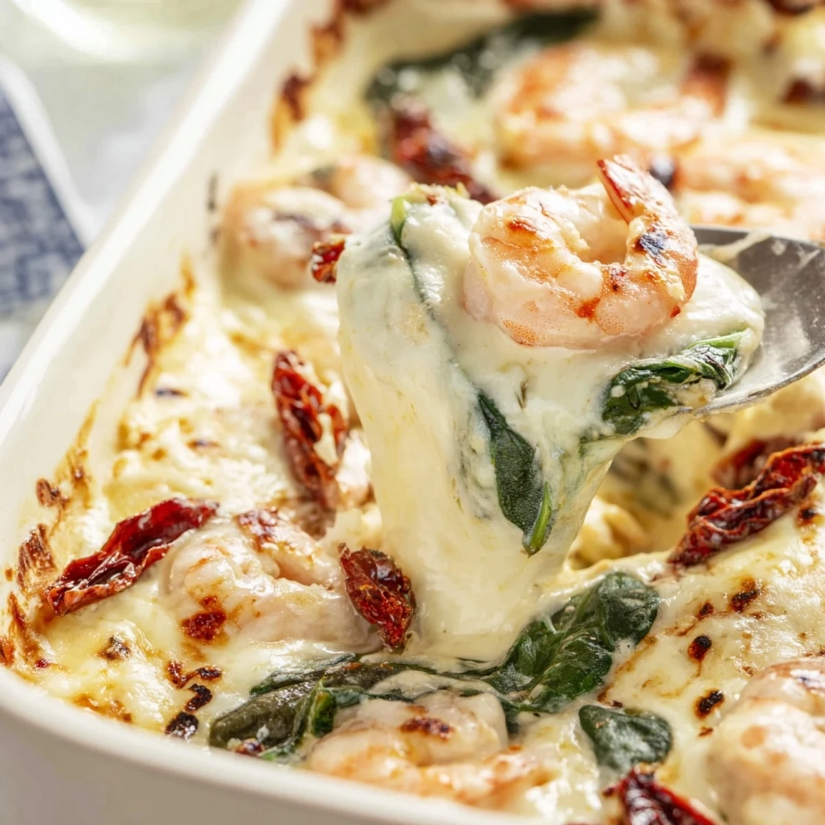 Golden bubbling Low Carb Shrimp Tuscan Bake with melted mozzarella and sun-dried tomatoes