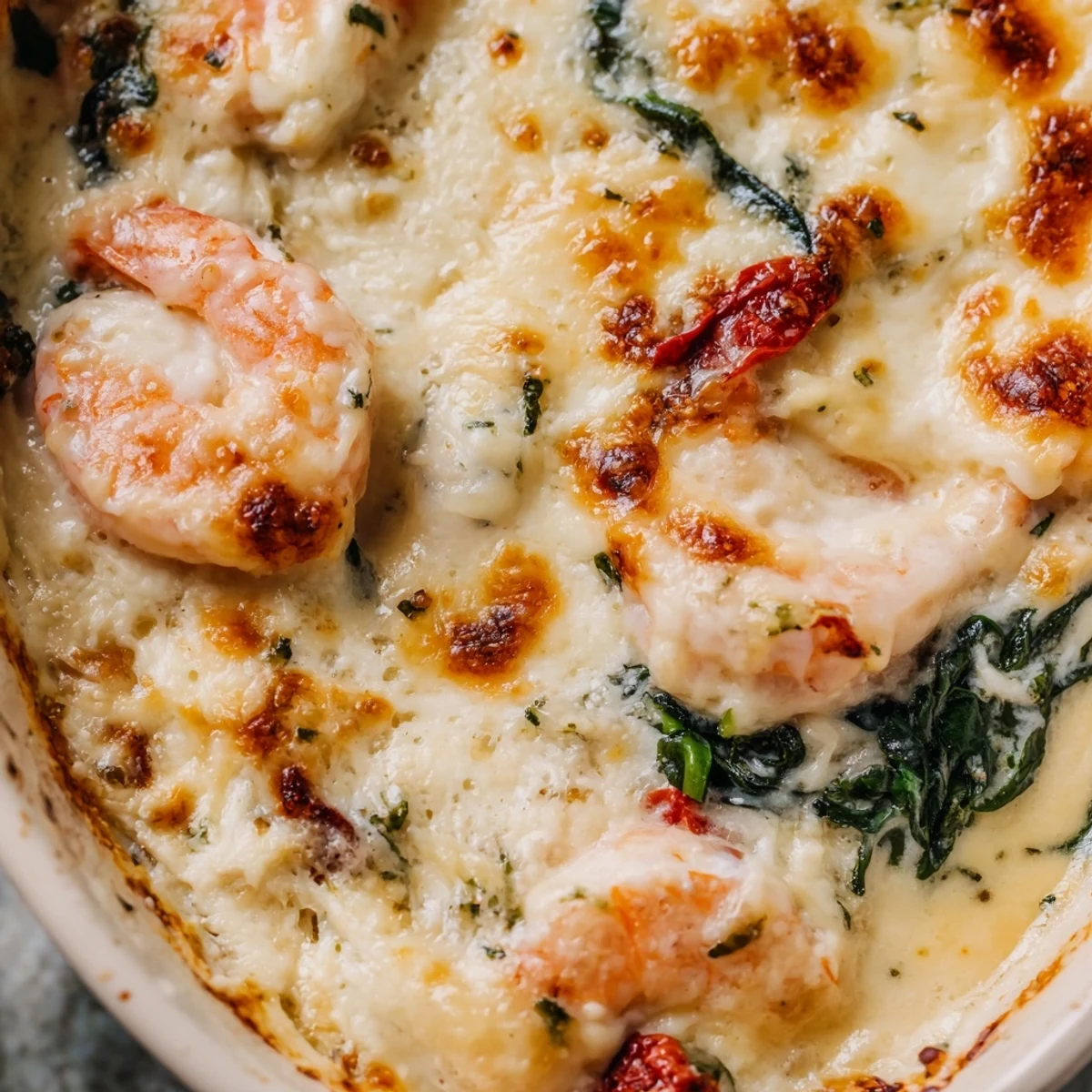 Creamy Low Carb Shrimp Tuscan Bake scooped from a cheesy cast iron skillet