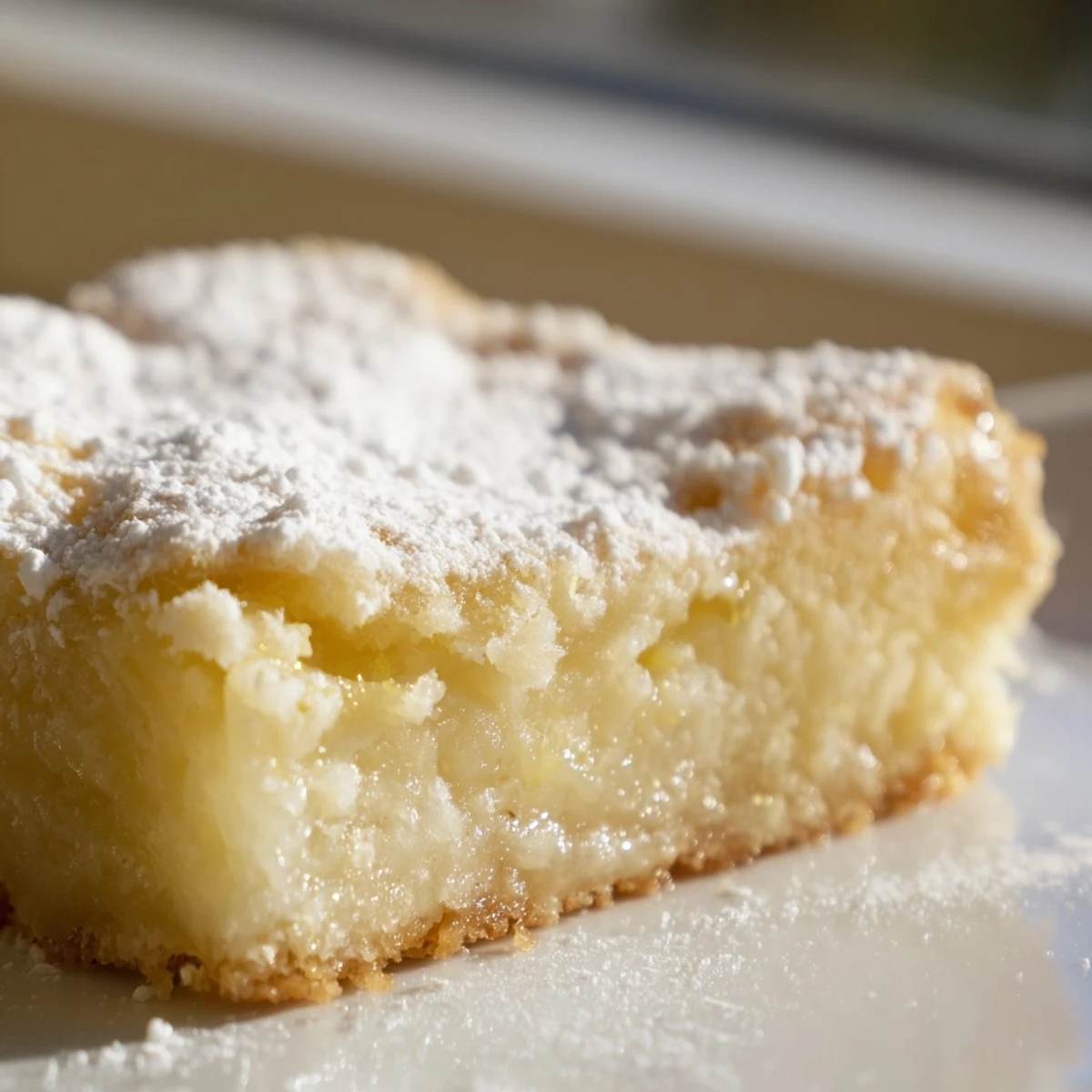 Golden Lemon Gooey Butter Cake squares dusted with powdered sugar on a rustic baking dish