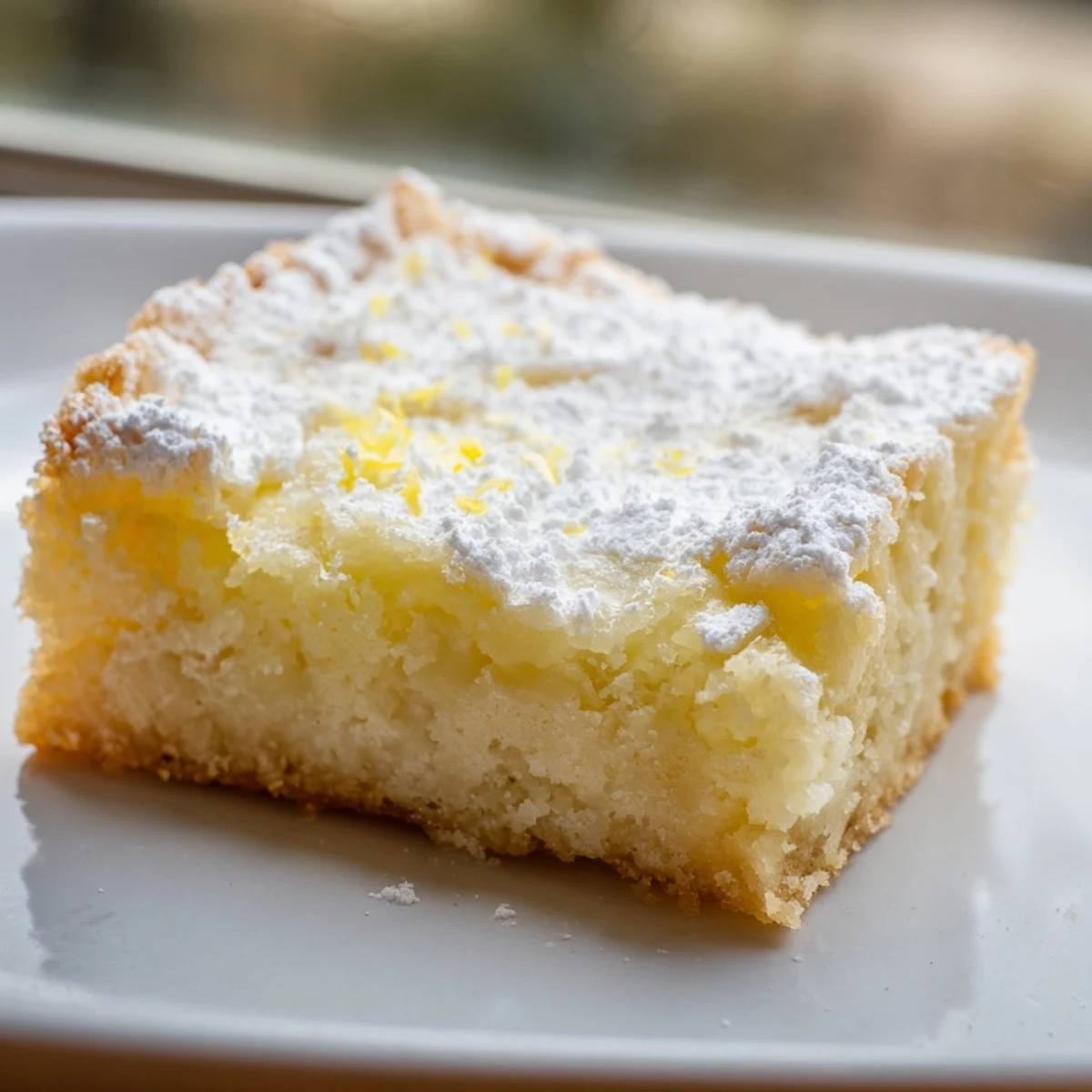 Warm Lemon Gooey Butter Cake fresh from the oven with golden edges and custardy filling