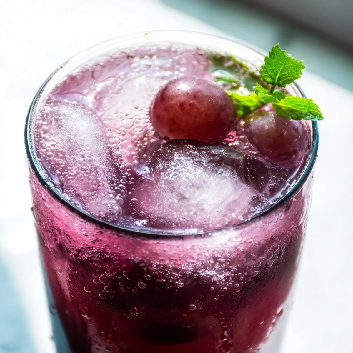 Grape Agua Fresca in a glass with ice and floating grape slices