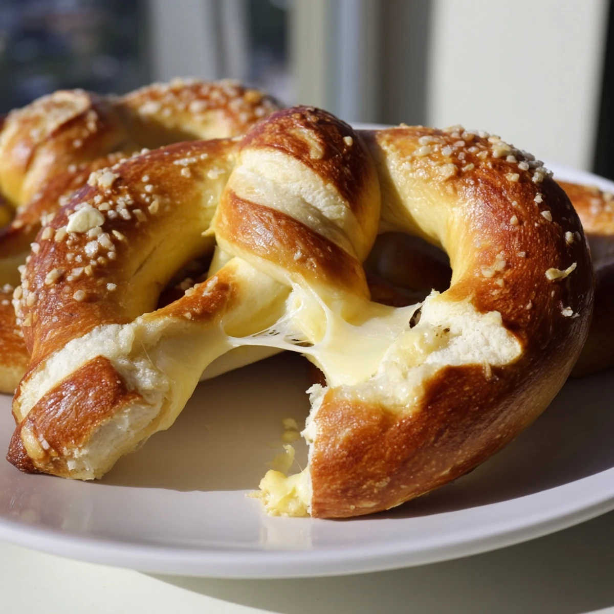 Golden brown mozzarella stuffed soft pretzels with melted cheese oozing from every bite