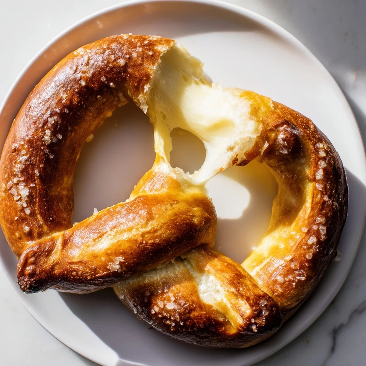 Warm mozzarella stuffed soft pretzels brushed with butter and sprinkled with coarse salt