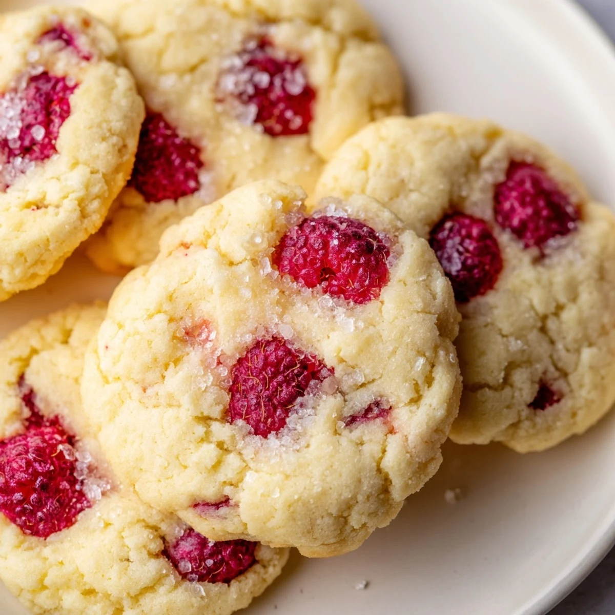 Soft Lemon Raspberry Cookies with golden edges and juicy red berries on a rustic baking sheet.