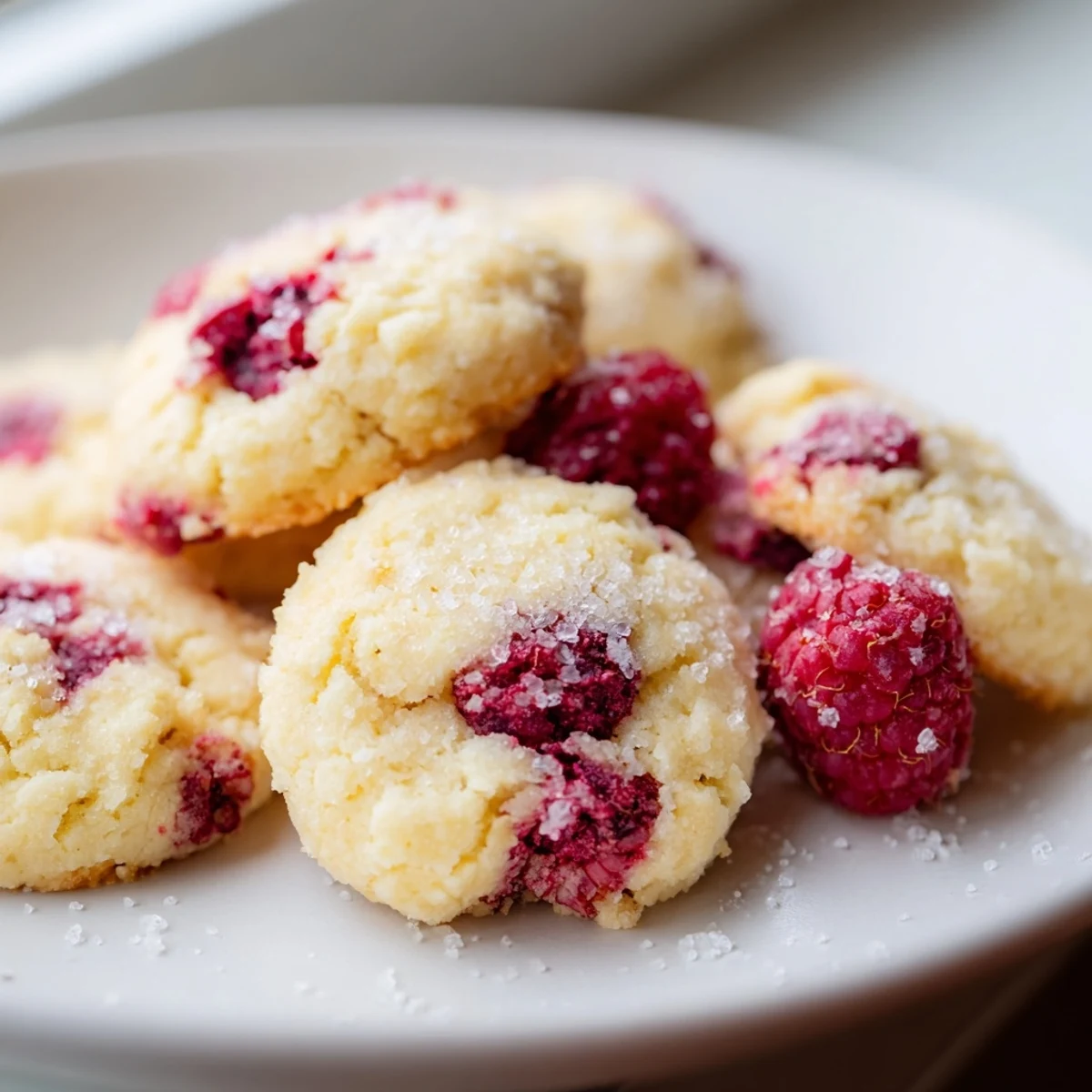 Fresh Lemon Raspberry Cookies arranged on a white plate with zesty citrus glaze drizzle.