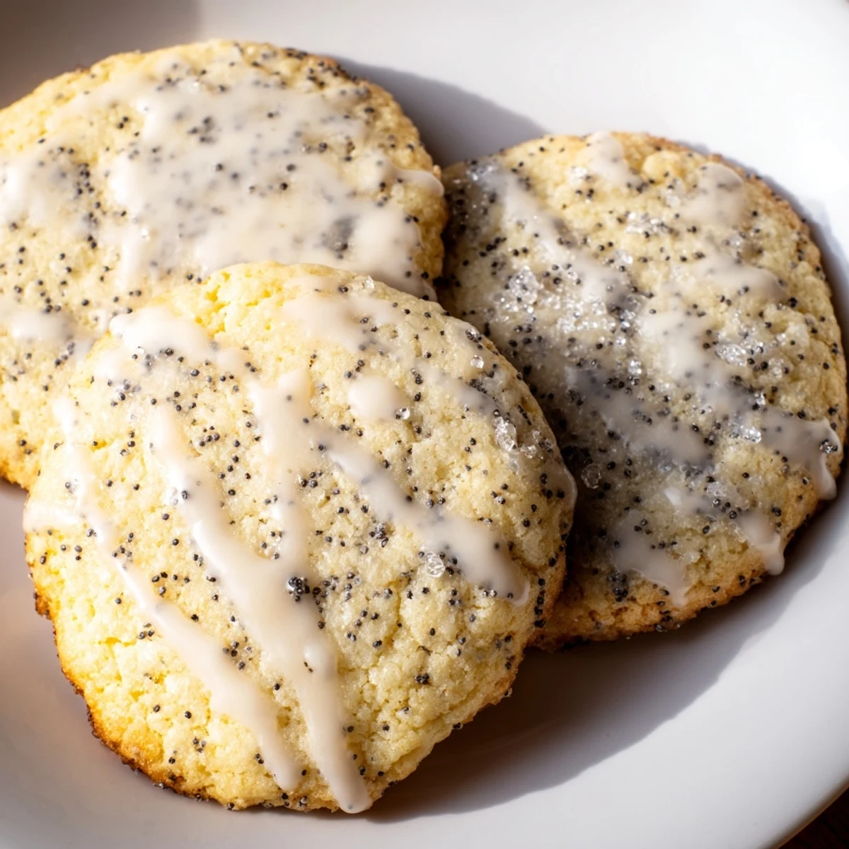 Golden lemon poppy seed cookies with crackly tops arranged on a rustic white ceramic plate.