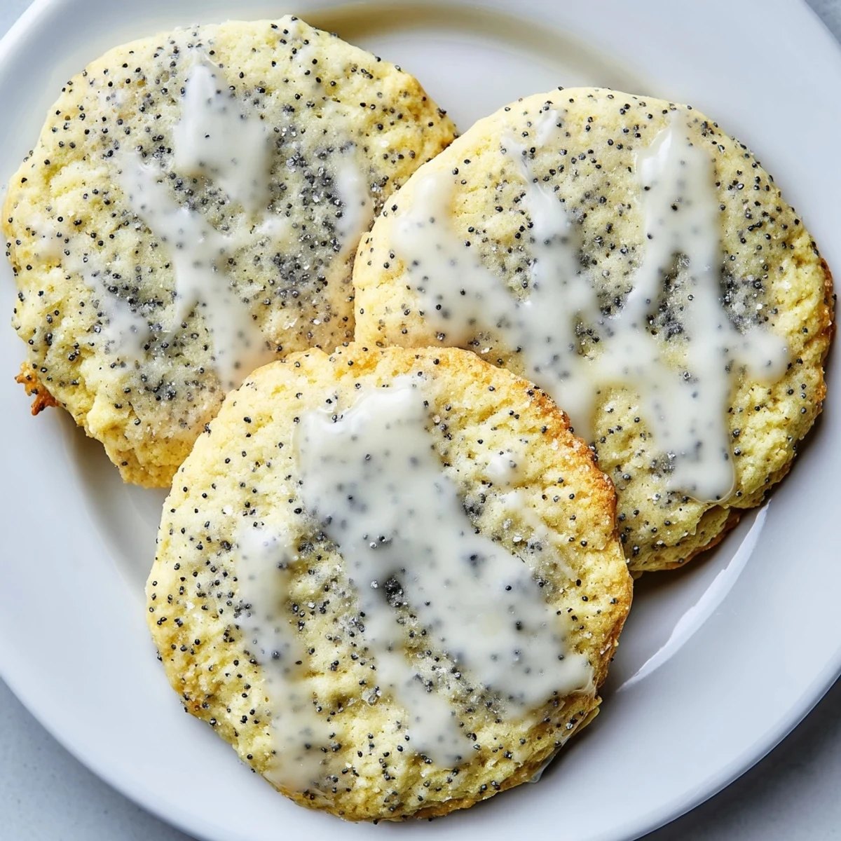 Chewy lemon poppy seed cookies drizzled with sweet citrus glaze on a cooling rack.